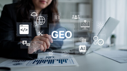 Naklejka premium Digital marketing concept featuring GEO strategy, optimizing content for AI search engines and large language models. Evolution of SEO, brand authority, and AI citation visibility. Corpus