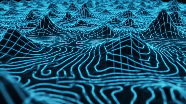 Explore topographic patterns in seamless loop of abstract design featuring mountain shapes and flowing lines in blue color