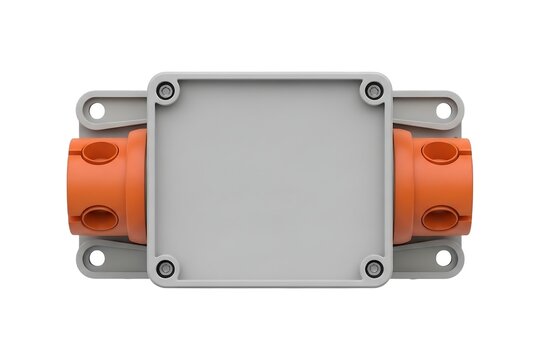 Robust Grey Electrical Enclosure with Orange Cable Glands for Industrial Power Connections White Background