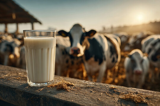 Fresh milk stands on a wooden fence at a dairy farm during sunset with cows in the background