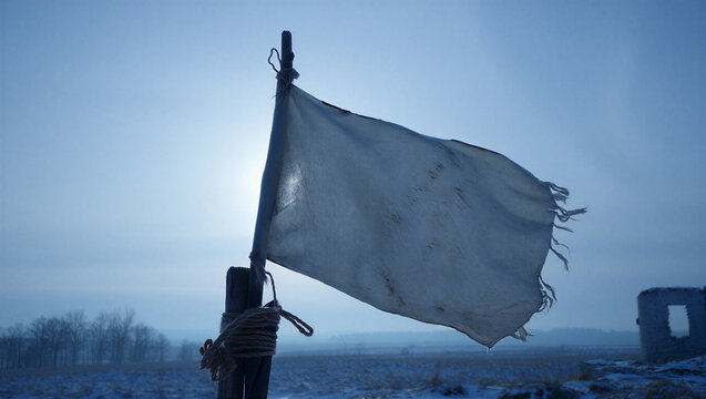 A tattered white flag waving on a wooden pole in a desolate, snowy landscape