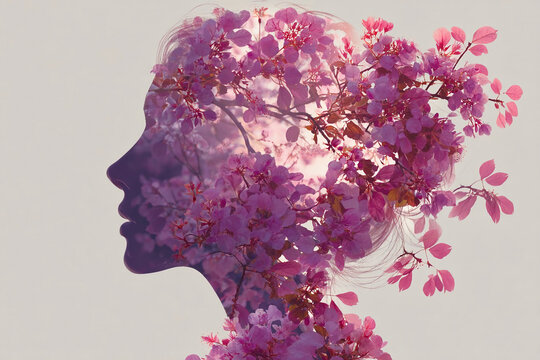 Woman's profile filled with pink flowers during spring in nature showcasing the beauty of blooming plants in the sun