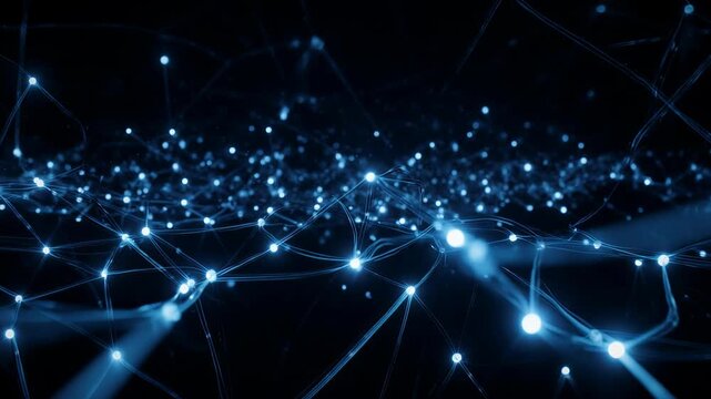 Glowing blue data nodes and connecting lines in an abstract futuristic digital network