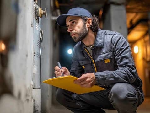 Worker inspects equipment in a basement and takes notes during a late evening maintenance task