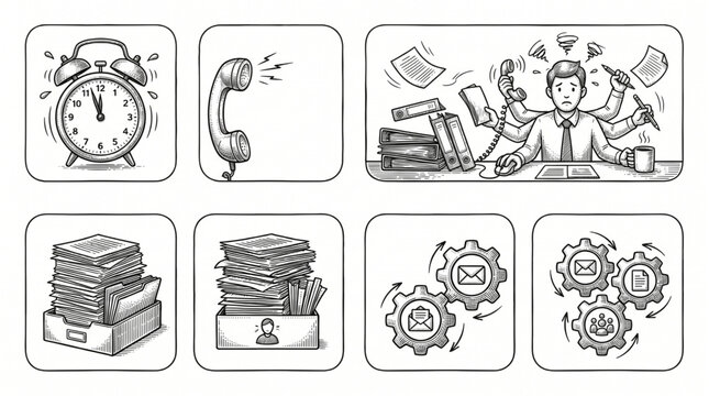 Businessman at desk with office supplies.