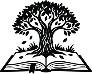 Fototapeta premium Black and white open book with growing tree and falling leaves vector art