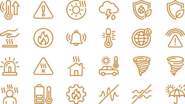 Weather icons set featuring climate symbols for global warming and environmental disaster warning sign collection graphics