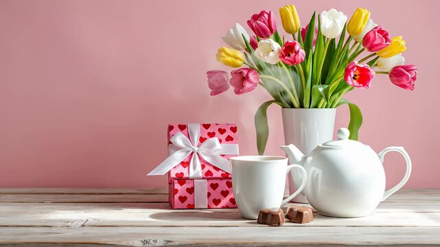 Colorful tulips in vase with gift and tea set on pink background
