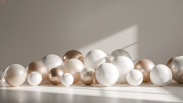 Fondo minimalista con globos blancos y dorados en primer plano para celebraci&oacute;n premium con espacio para texto