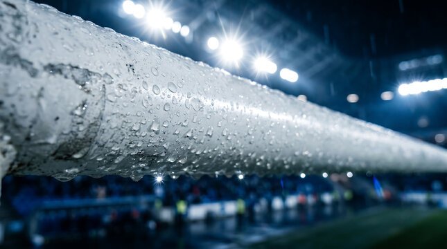 Extreme Close-Up of Goalpost Crossbar with Rain Drops at Night