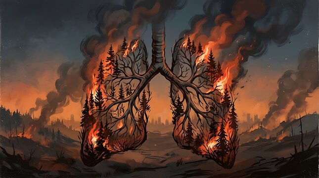 Lungs filled with burning forest symbolizing environmental damage climate change lungs illustration forest fire burning trees environment pollution