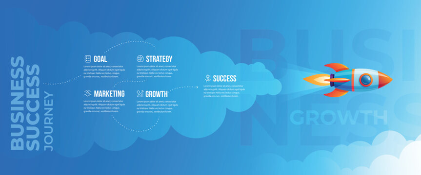 Business success journey with rocket launching through clouds, business