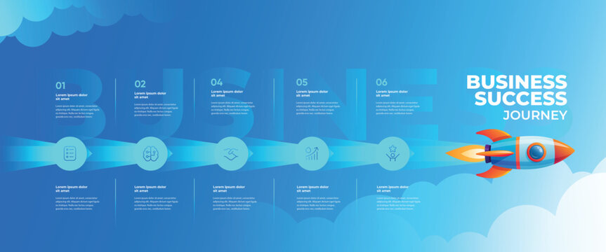 Business success journey with rocket and infographic steps, progress bar