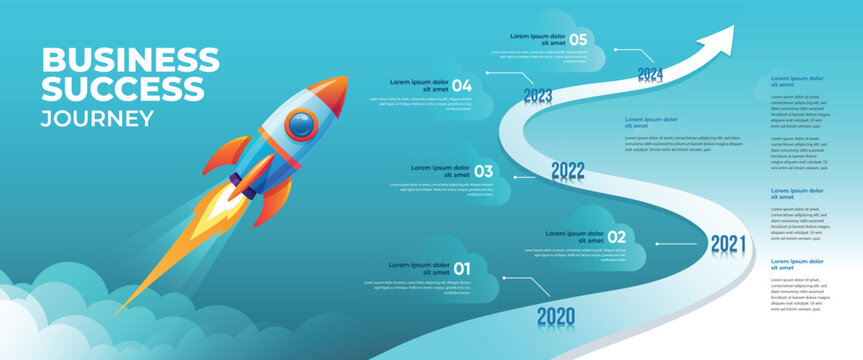 Rocket ascending on business success path with infographic milestones, business