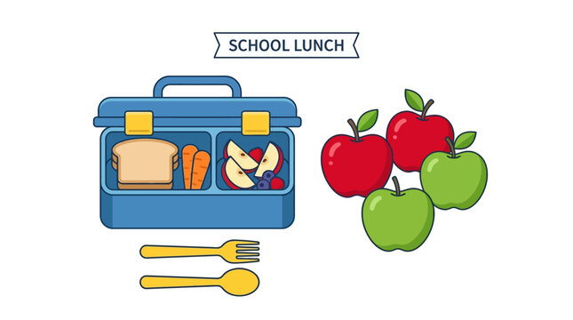 An illustration of a school lunch box containing a sandwich, carrots, apple slices, and some fruits with apples beside it and cutleries.