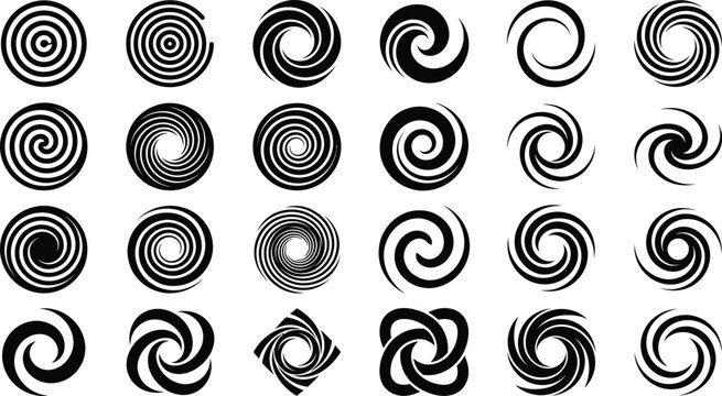 Spiral set of black and white circular vortex vector icons isolated on a white background