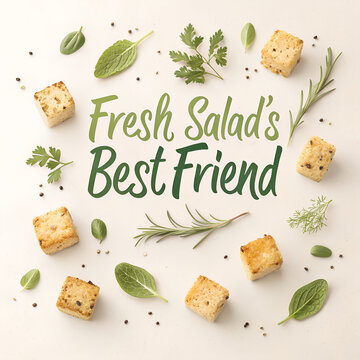 Fresh salad best friend typography poster with croutons and various fresh herbs background.