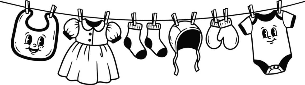 Black and white line art smiling baby bib dress socks bonnet mittens and onesie on clothesline
