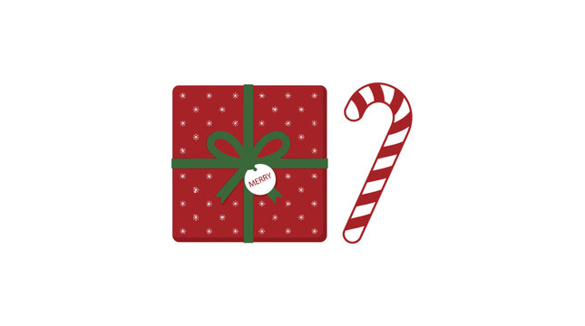 Festive gift box beside a candy cane.