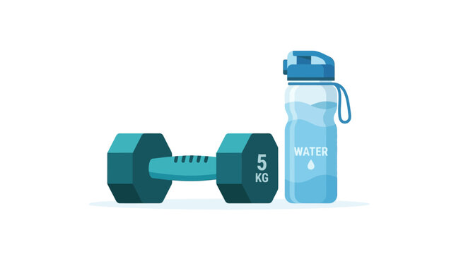 Fitness tools including dumbbell and a water bottle.