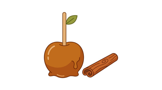 A single caramel apple alongside a cinnamon stick illustration.