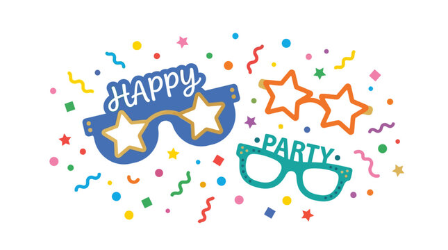 Happy party glasses and confetti celebration decorations.