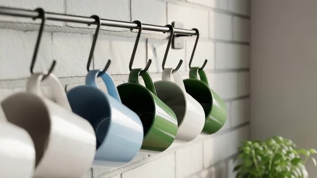Colorful ceramic mugs hanging on rack against brick wall  