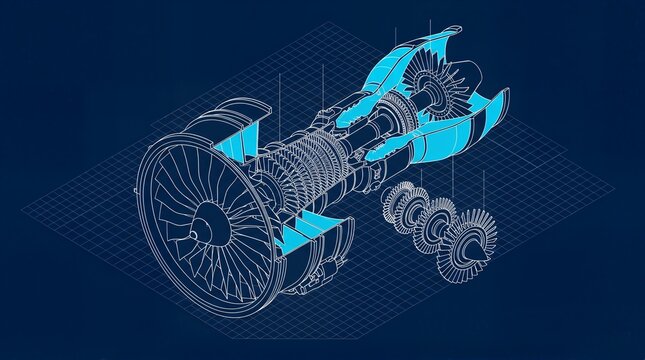  Isometric cutaway blueprint illustrating a mechanical turbofan jet engine exposing internal compressor blades and combustion stages representing aerospace engineering and high performance aviation te