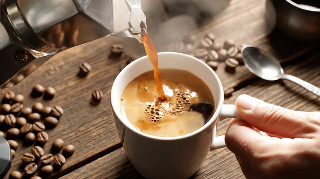 Coffee pouring, steaming cup, morning drink, hot beverage, wooden table