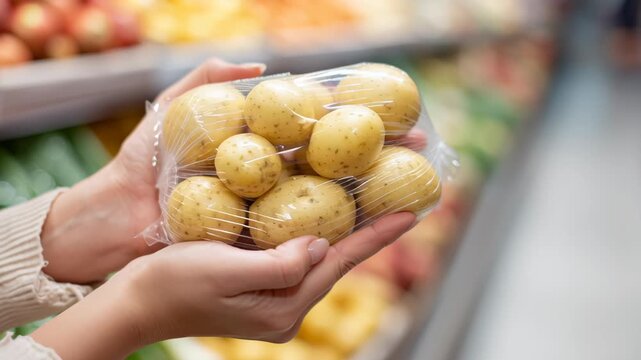 Hands holding bagged potatoes in supermarket aisle. Customer reviews potato bag inspecting quality, freshness, price. Blurred produce shelves. Buyer examines vegetable. Shopper with food packaging.
