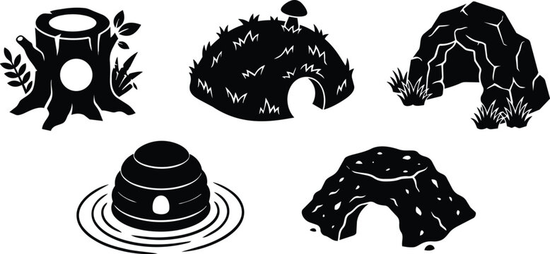 Black and white line art forest shelters stump grassy mound beehive stone cave rocky arch set