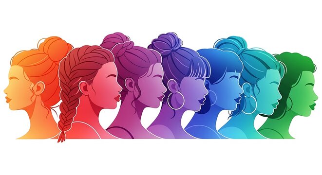 Seven stylized female profiles connected in a seamless gradient transition from orange to green.