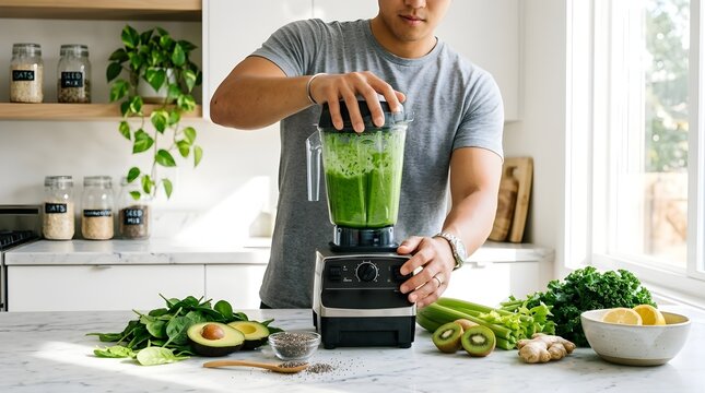 Blending Fresh Vegetables in Kitchen, Man Preparing Healthy Green Smoothie at Home, Modern Kitchen Environment, Close-Up View of Food Preparation, Lifestyle and Wellness Concept