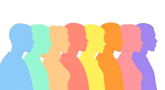 Seven gradient filled human silhouettes arranged side by side against a plain background.