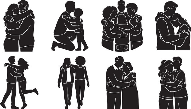 Couple hugging silhouettes collection on a white background