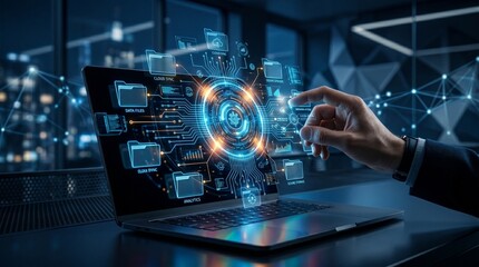 Obraz premium Businesswoman Using Ai artificial intelligence on laptop to document management concept, online documentation database and digital file storage system or software, records keeping, database technology