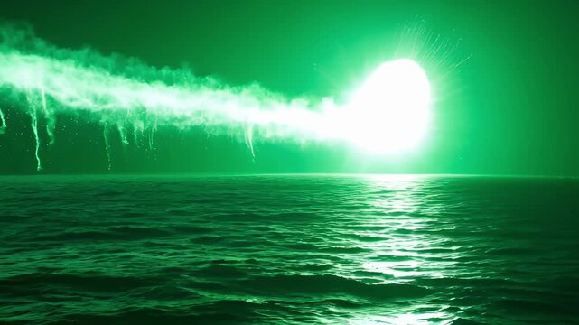 Massive fireball explosion over ocean with lightning strike