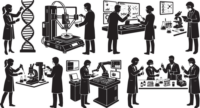 Laboratory equipment and scientists silhouettes on a white background