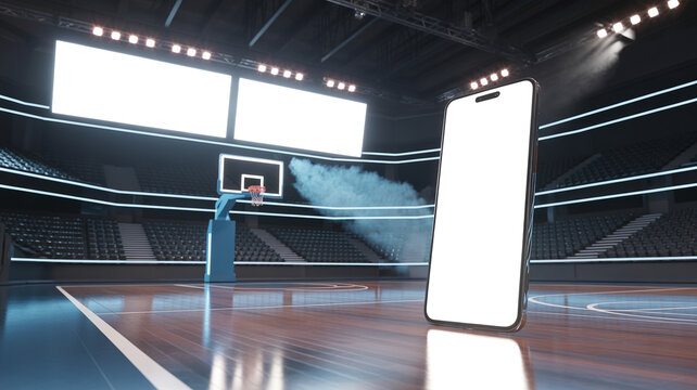 Basketball court with hoop and backboard in an indoor sports arena three point free throw