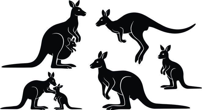 Silhouette kangaroos in five poses with joeys black and white vector art
