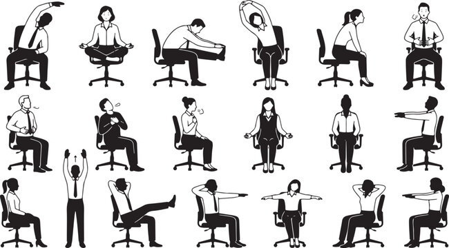 office workers stretching exercises black silhouettes on white background