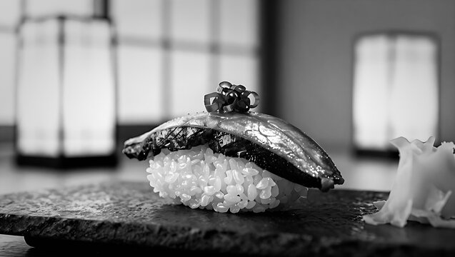 Monochrome close up of fresh iwashi nigiri on a dark slate board