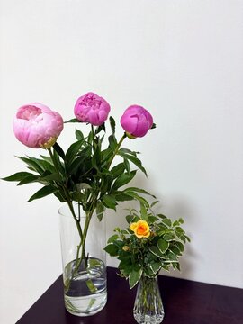 Pink peonies and yellow rose mixed bouquet in glass vases
