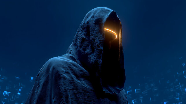 Mysterious hooded futuristic figure with glowing visor in dark cyberpunk atmosphere and neon blue lighting.