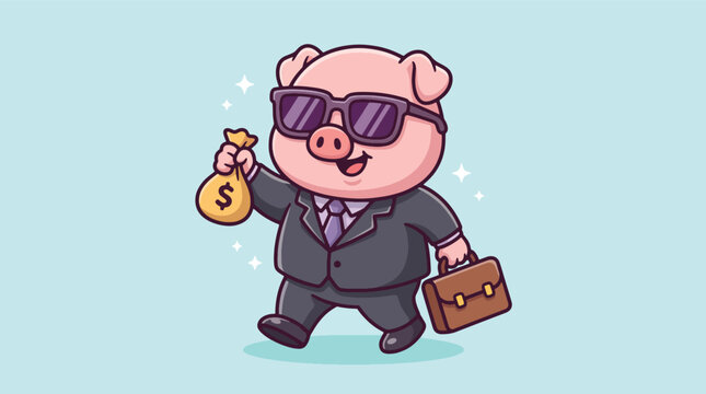 Cute Rich Business Pig Mascot Holding Money Bag and Briefcase Illustration.