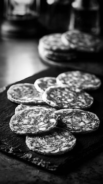 Slices of traditional finocchiona igp meat on a rustic slate board