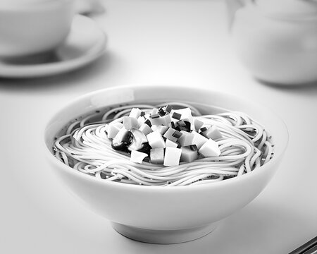 Qishan Saozi Mian noodle soup in a white bowl in black and white