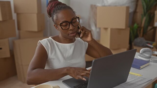 Young woman holds smartphone to ear while typing on laptop amid stacked moving boxes in building; busy moving day.