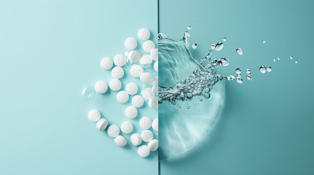 Split composition many effervescent tablets before and after dissolving in water with splash on mint pastel background concept