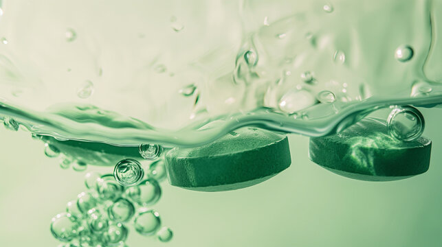 Green effervescent tablets dissolving in water with bubbles macro natural herbal supplement vitamin healthcare concept background
